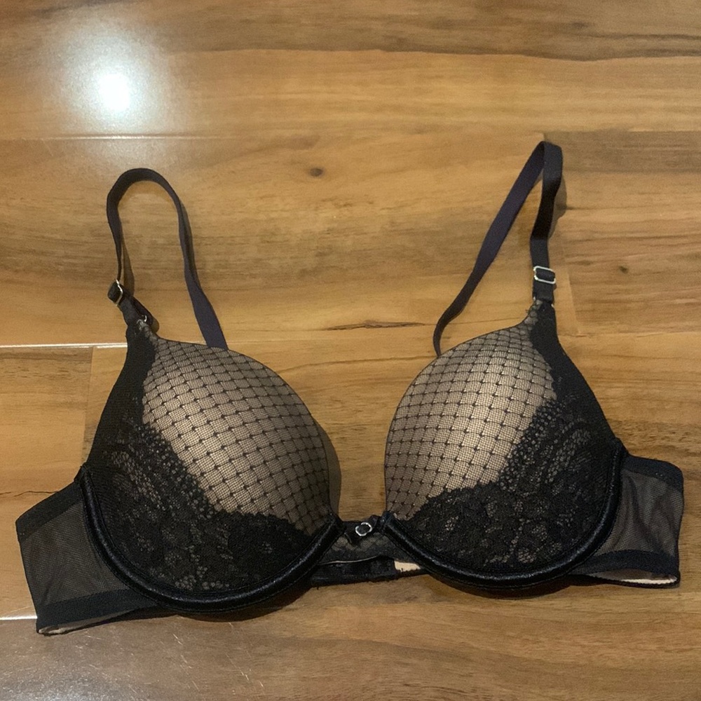Lily of France 34A Push Up Bra Black Nude Lace EUC